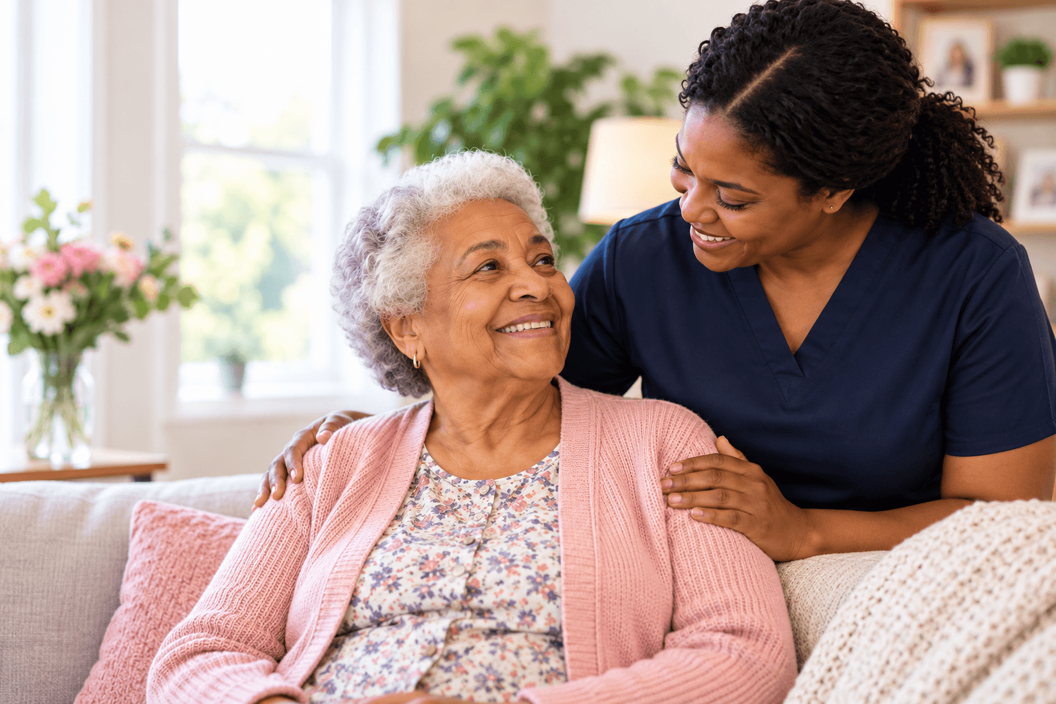 Kay Home Care caregiver providing warm, compassionate support to an older adult at home